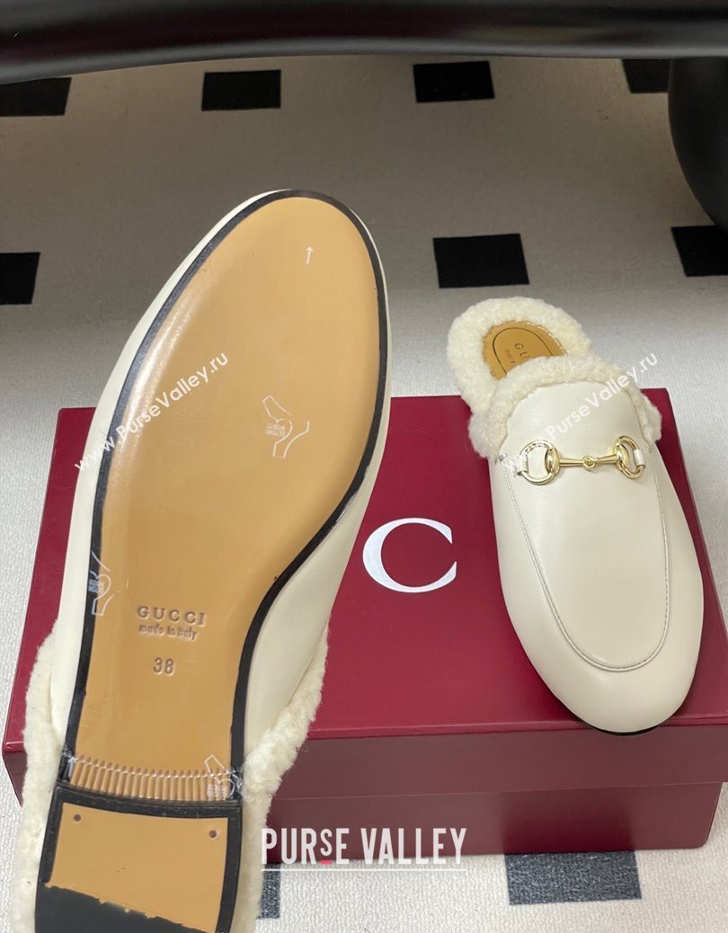 Gucci Princetown Calf Leather and Wool Flat Slipper with Horsebit White 2025 836055 (MD-251218103)