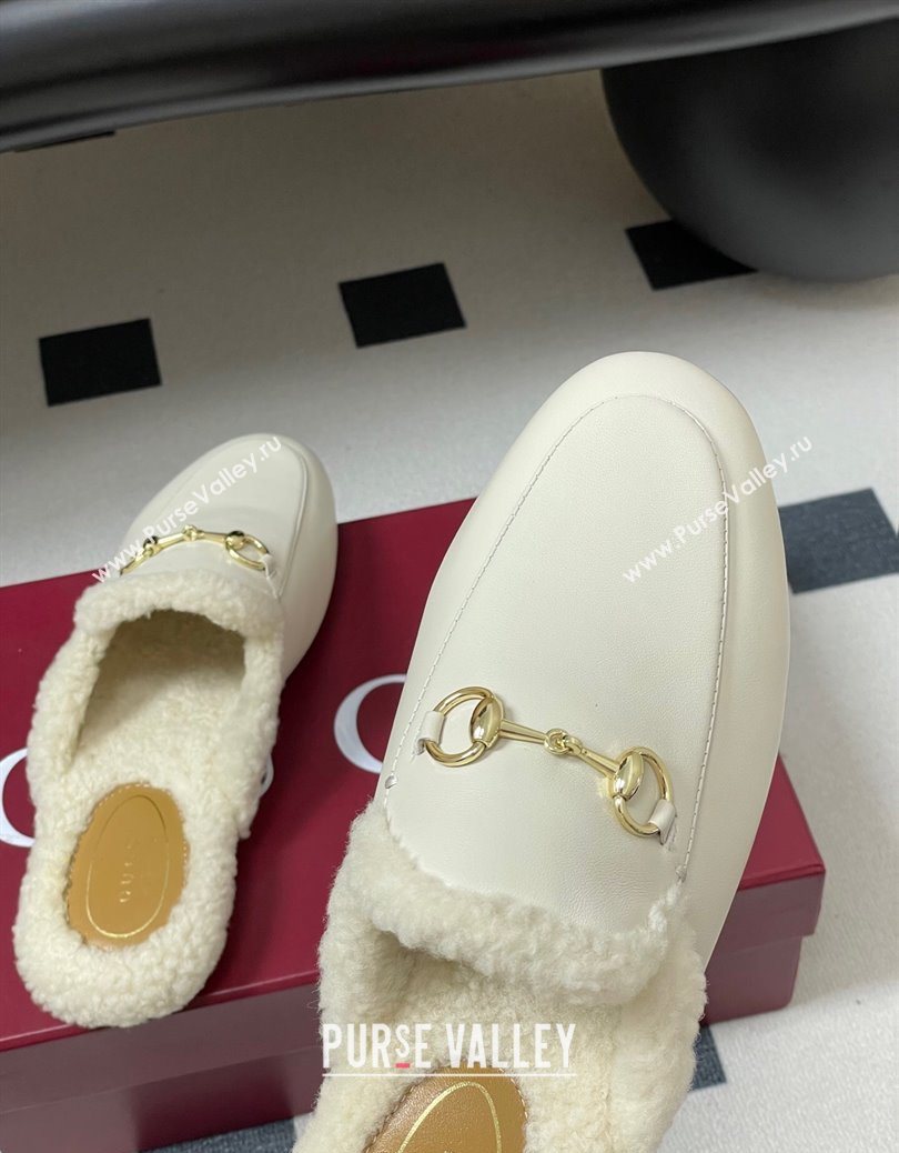 Gucci Princetown Calf Leather and Wool Flat Slipper with Horsebit White 2025 836055 (MD-251218103)