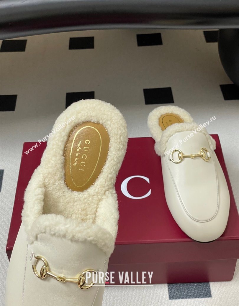 Gucci Princetown Calf Leather and Wool Flat Slipper with Horsebit White 2025 836055 (MD-251218103)