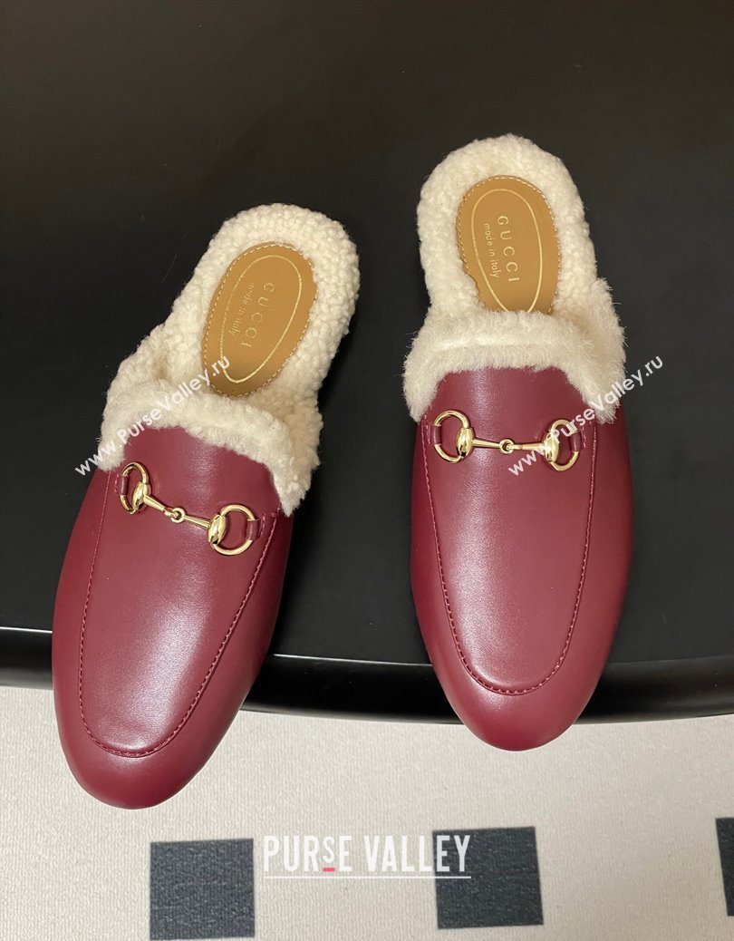 Gucci Princetown Calf Leather and Wool Flat Slipper with Horsebit Red 2025 836055 (MD-251218104)