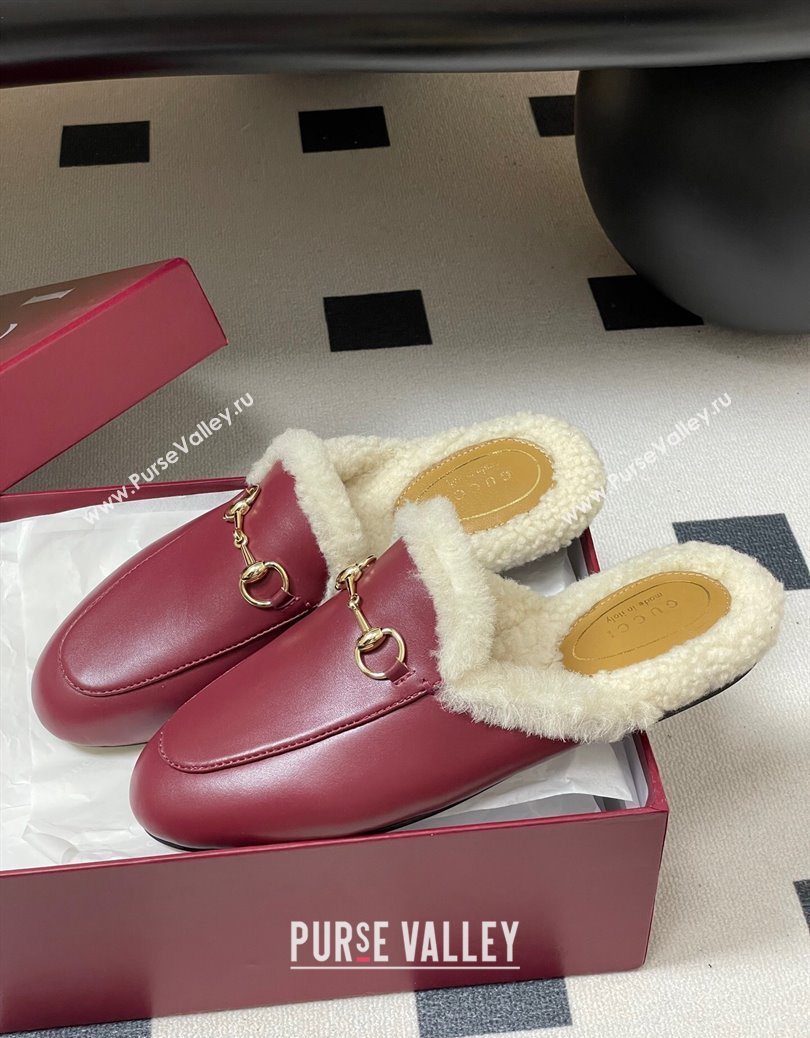 Gucci Princetown Calf Leather and Wool Flat Slipper with Horsebit Red 2025 836055 (MD-251218104)
