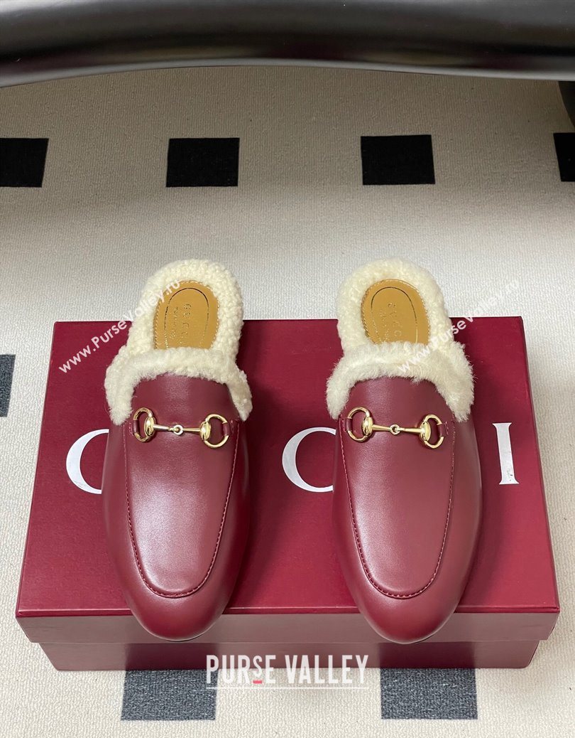 Gucci Princetown Calf Leather and Wool Flat Slipper with Horsebit Red 2025 836055 (MD-251218104)