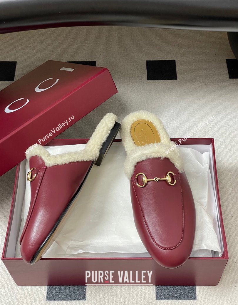Gucci Princetown Calf Leather and Wool Flat Slipper with Horsebit Red 2025 836055 (MD-251218104)