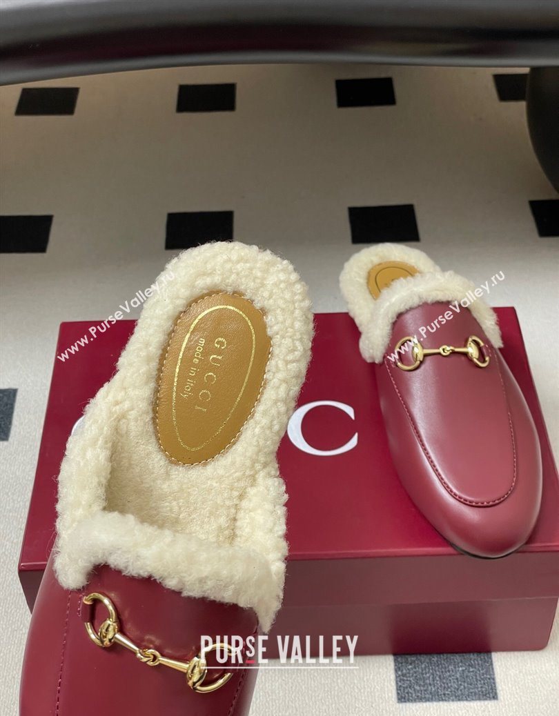 Gucci Princetown Calf Leather and Wool Flat Slipper with Horsebit Red 2025 836055 (MD-251218104)