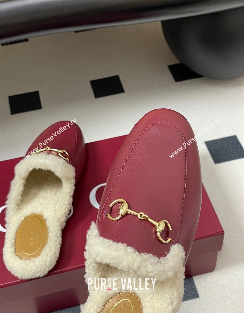 Gucci Princetown Calf Leather and Wool Flat Slipper with Horsebit Red 2025 836055 (MD-251218104)