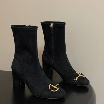 Gucci Suede Heel Ankle Boots 6.5cm with Half Horsebit Black 2025 849549 (MD-251218005)