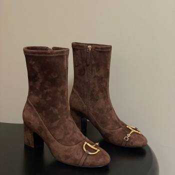 Gucci Suede Heel Ankle Boots 6.5cm with Half Horsebit Dark Brown 2025 849549 (MD-251218006)