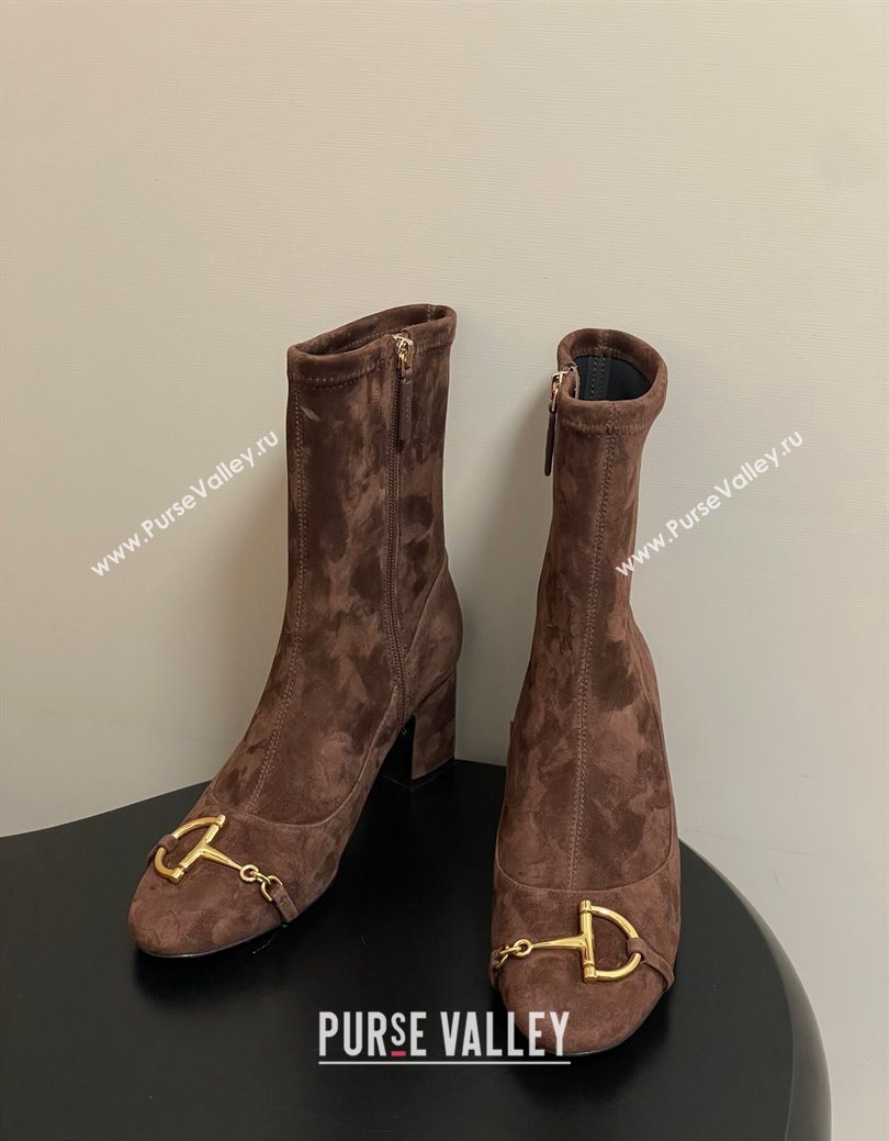 Gucci Suede Heel Ankle Boots 6.5cm with Half Horsebit Dark Brown 2025 849549 (MD-251218006)