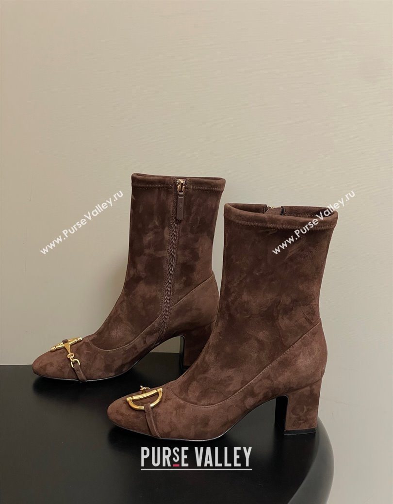 Gucci Suede Heel Ankle Boots 6.5cm with Half Horsebit Dark Brown 2025 849549 (MD-251218006)