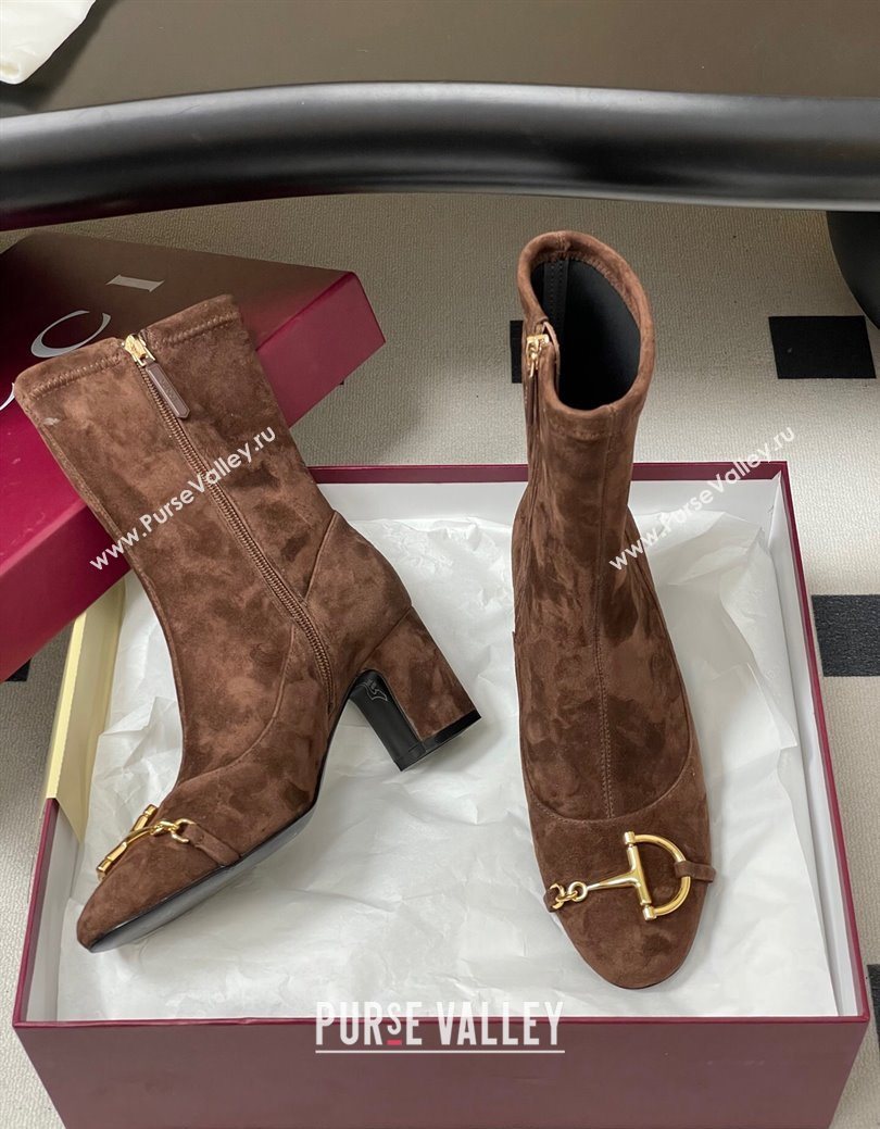 Gucci Suede Heel Ankle Boots 6.5cm with Half Horsebit Dark Brown 2025 849549 (MD-251218006)