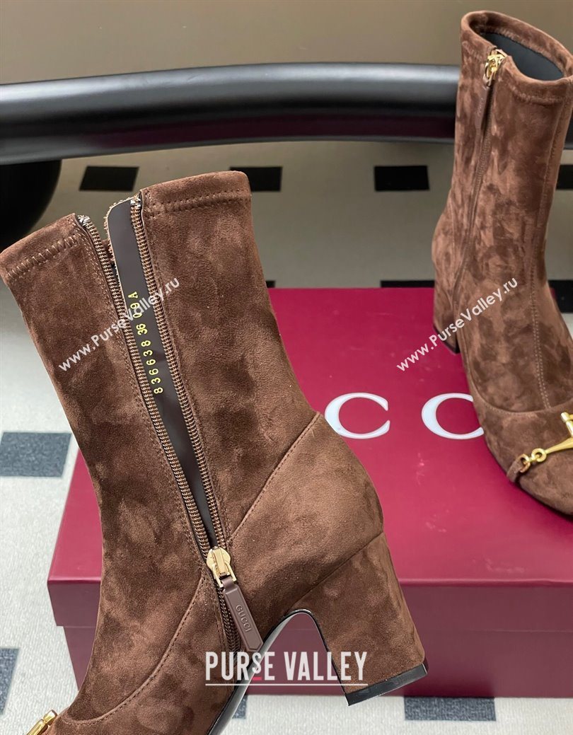 Gucci Suede Heel Ankle Boots 6.5cm with Half Horsebit Dark Brown 2025 849549 (MD-251218006)
