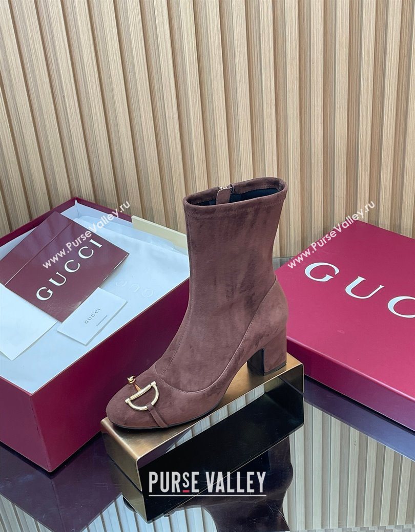 Gucci Suede Heel Ankle Boots 6.5cm with Half Horsebit Chocolate Brown 2025 849549 (SS-251218007)