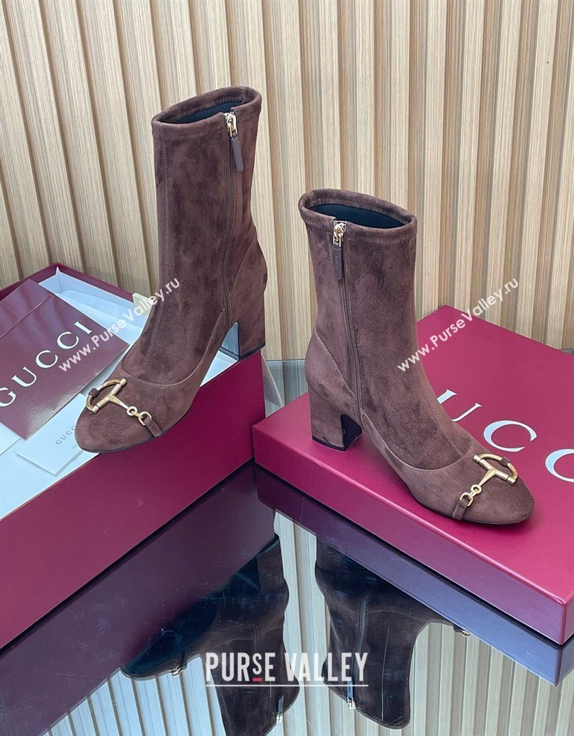 Gucci Suede Heel Ankle Boots 6.5cm with Half Horsebit Chocolate Brown 2025 849549 (SS-251218007)