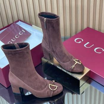 Gucci Suede Heel Ankle Boots 6.5cm with Half Horsebit Chocolate Brown 2025 849549 (SS-251218007)