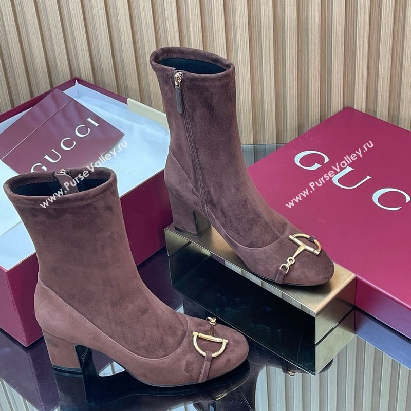 Gucci Suede Heel Ankle Boots 6.5cm with Half Horsebit Chocolate Brown 2025 849549 (SS-251218007)