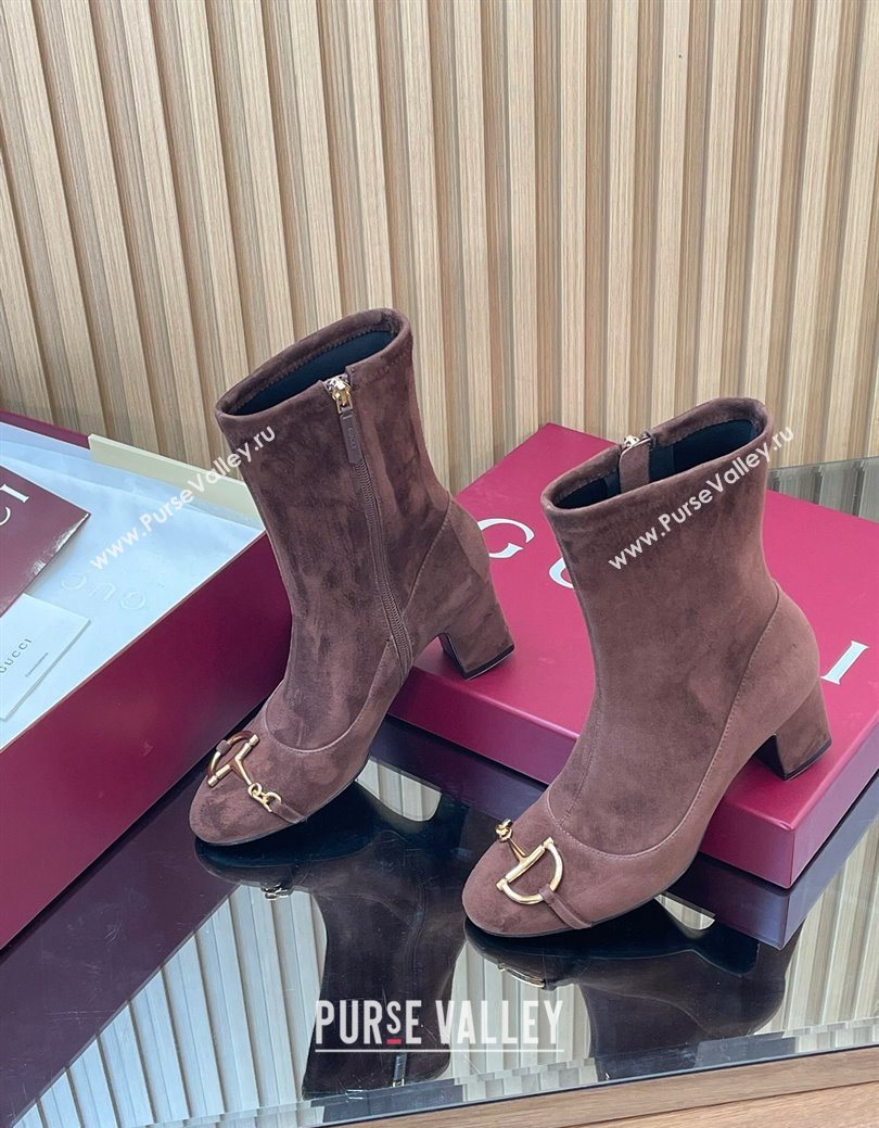 Gucci Suede Heel Ankle Boots 6.5cm with Half Horsebit Chocolate Brown 2025 849549 (SS-251218007)