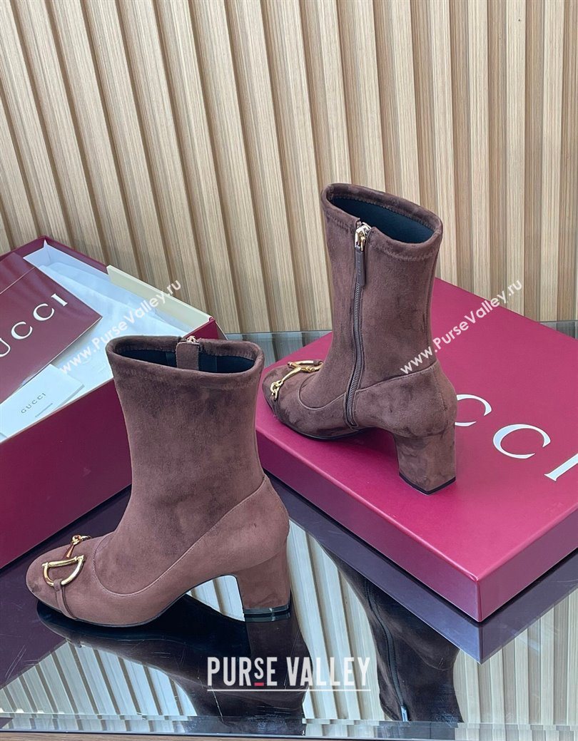 Gucci Suede Heel Ankle Boots 6.5cm with Half Horsebit Chocolate Brown 2025 849549 (SS-251218007)
