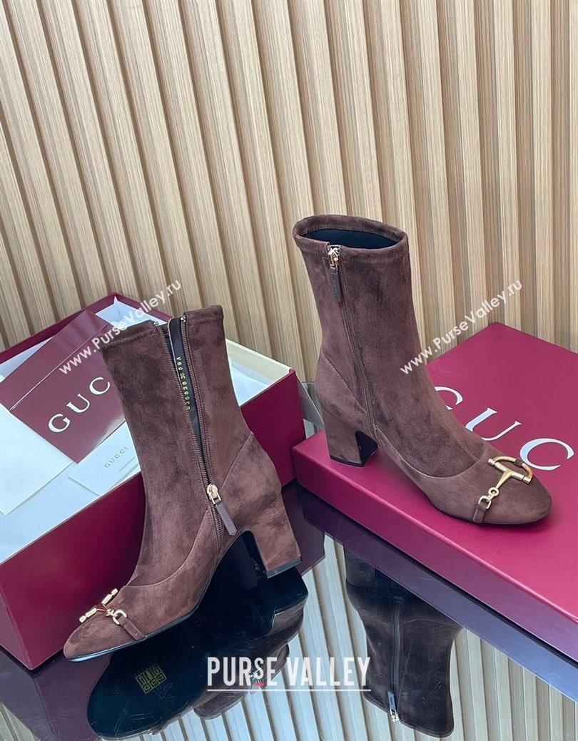 Gucci Suede Heel Ankle Boots 6.5cm with Half Horsebit Chocolate Brown 2025 849549 (SS-251218007)