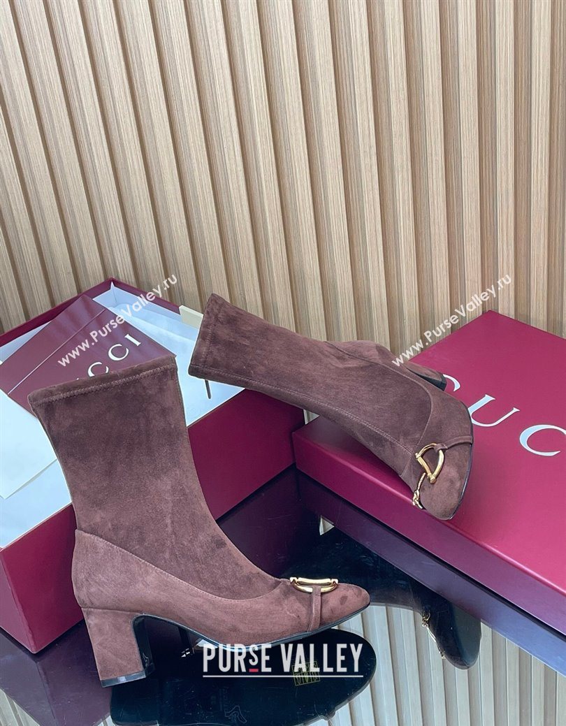 Gucci Suede Heel Ankle Boots 6.5cm with Half Horsebit Chocolate Brown 2025 849549 (SS-251218007)