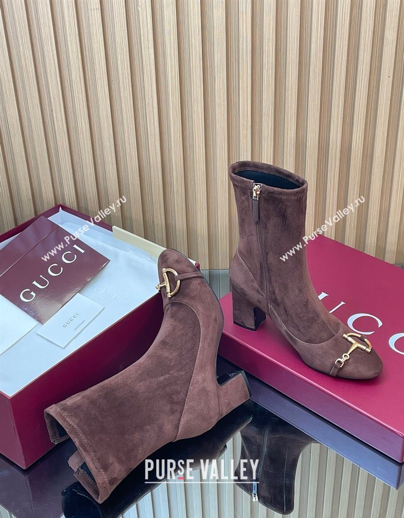 Gucci Suede Heel Ankle Boots 6.5cm with Half Horsebit Chocolate Brown 2025 849549 (SS-251218007)