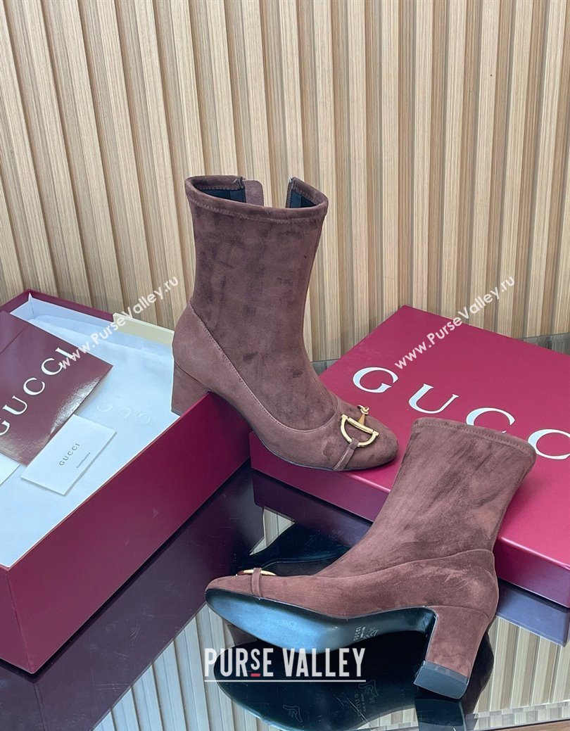 Gucci Suede Heel Ankle Boots 6.5cm with Half Horsebit Chocolate Brown 2025 849549 (SS-251218007)