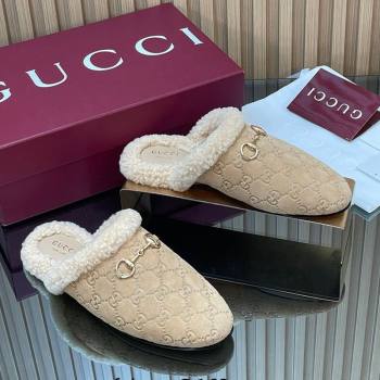 Gucci Princetown Suede and Wool Flat Loafers with Horsebit Beige 20252 GG121802 (MD-251218082)