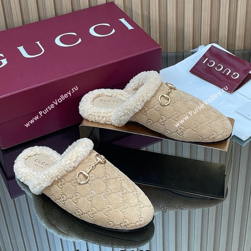Gucci Princetown Suede and Wool Flat Loafers with Horsebit Beige 20252 GG121802 (MD-251218082)