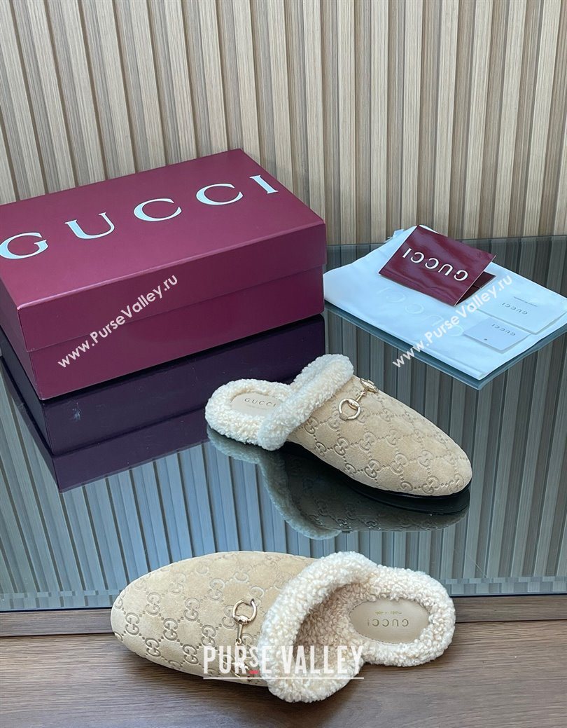 Gucci Princetown Suede and Wool Flat Loafers with Horsebit Beige 20252 GG121802 (MD-251218082)