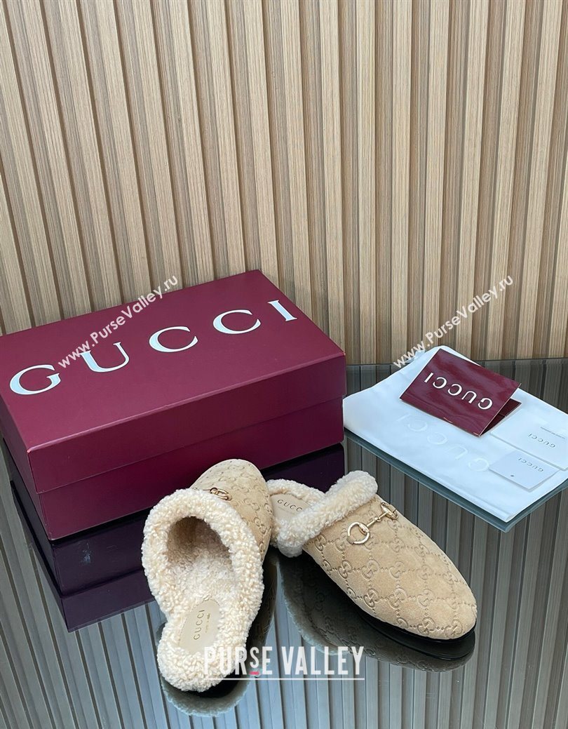 Gucci Princetown Suede and Wool Flat Loafers with Horsebit Beige 20252 GG121802 (MD-251218082)