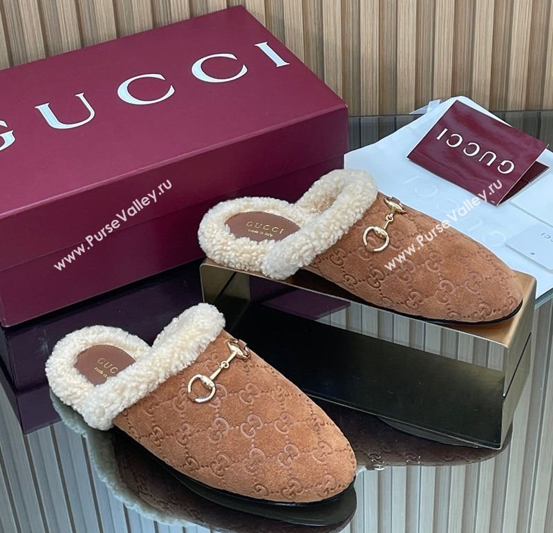 Gucci Princetown Suede and Wool Flat Loafers with Horsebit Light Brown 20252 GG121802 (MD-251218083)