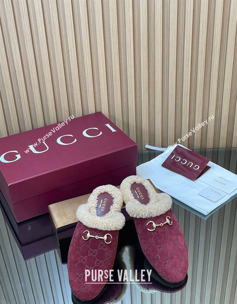 Gucci Princetown Suede and Wool Flat Loafers with Horsebit Burgundy 20252 GG121802 (MD-251218084)