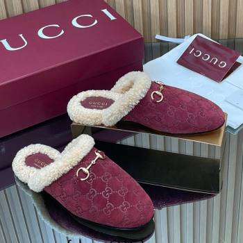 Gucci Princetown Suede and Wool Flat Loafers with Horsebit Burgundy 20252 GG121802 (MD-251218084)