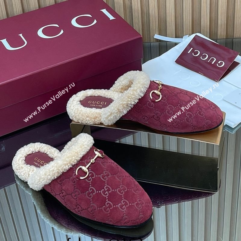 Gucci Princetown Suede and Wool Flat Loafers with Horsebit Burgundy 20252 GG121802 (MD-251218084)