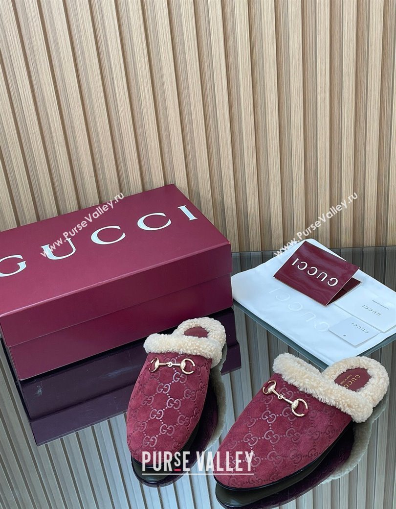 Gucci Princetown Suede and Wool Flat Loafers with Horsebit Burgundy 20252 GG121802 (MD-251218084)