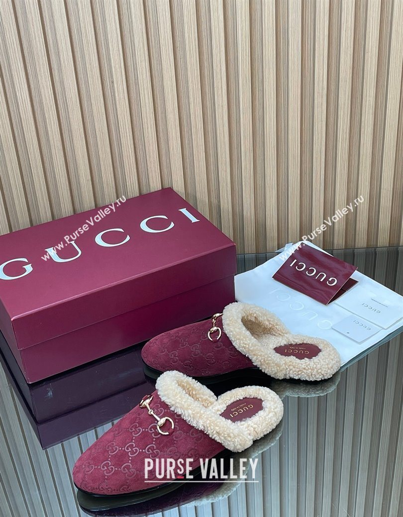 Gucci Princetown Suede and Wool Flat Loafers with Horsebit Burgundy 20252 GG121802 (MD-251218084)