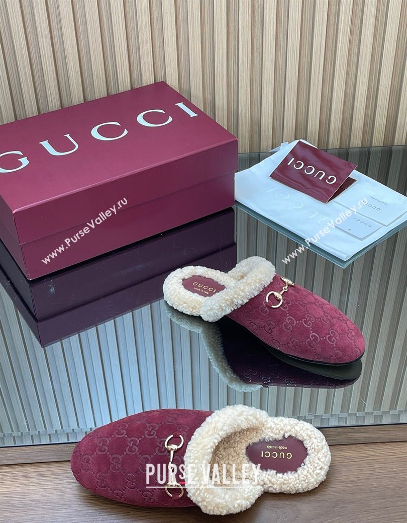 Gucci Princetown Suede and Wool Flat Loafers with Horsebit Burgundy 20252 GG121802 (MD-251218084)