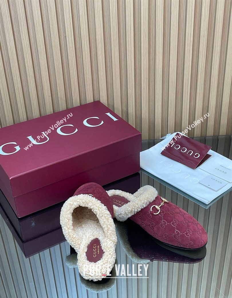 Gucci Princetown Suede and Wool Flat Loafers with Horsebit Burgundy 20252 GG121802 (MD-251218084)