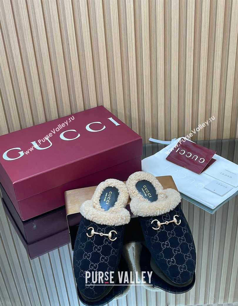 Gucci Princetown Suede and Wool Flat Loafers with Horsebit Black 20252 GG121802 (MD-251218086)
