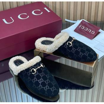 Gucci Princetown Suede and Wool Flat Loafers with Horsebit Black 20252 GG121802 (MD-251218086)