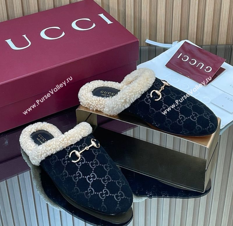 Gucci Princetown Suede and Wool Flat Loafers with Horsebit Black 20252 GG121802 (MD-251218086)