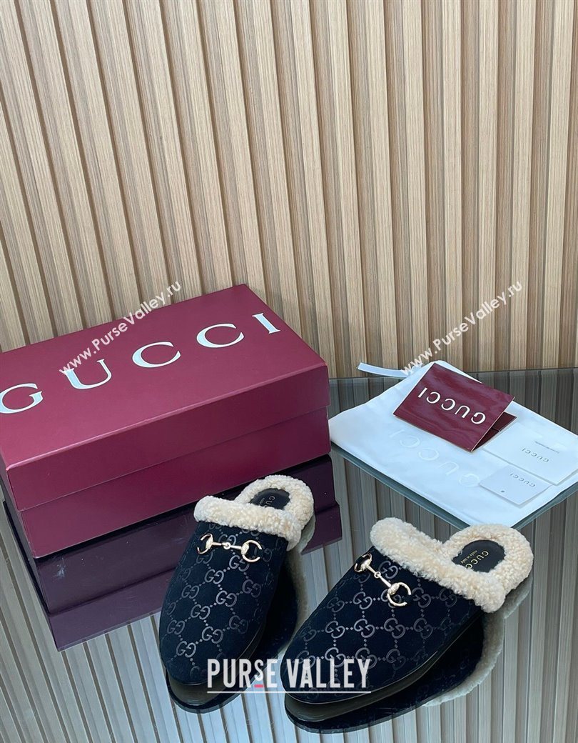 Gucci Princetown Suede and Wool Flat Loafers with Horsebit Black 20252 GG121802 (MD-251218086)