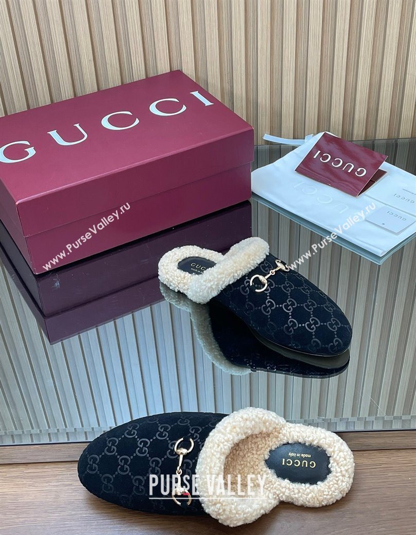 Gucci Princetown Suede and Wool Flat Loafers with Horsebit Black 20252 GG121802 (MD-251218086)