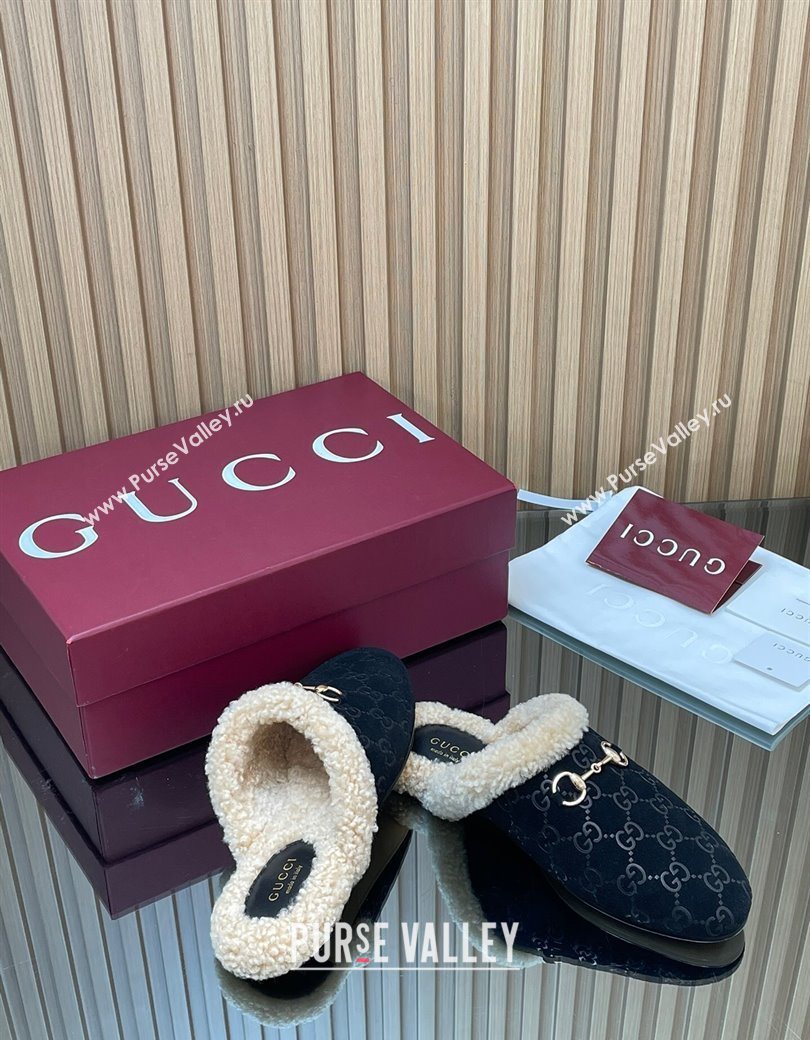 Gucci Princetown Suede and Wool Flat Loafers with Horsebit Black 20252 GG121802 (MD-251218086)