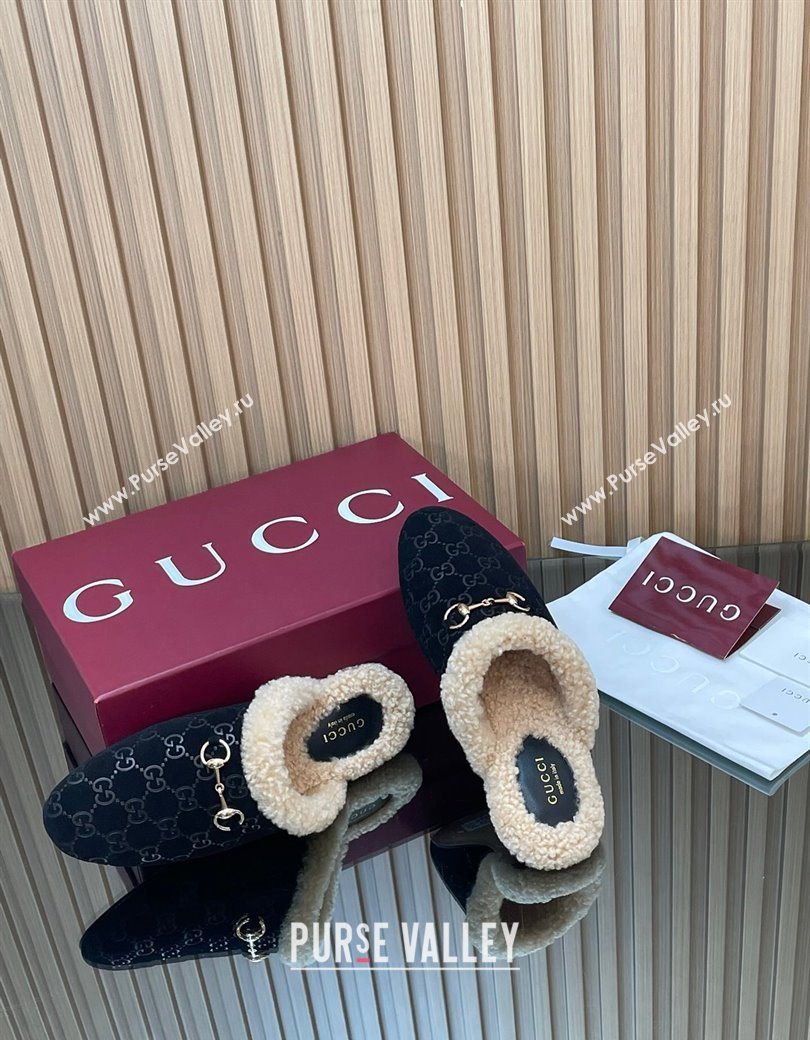 Gucci Princetown Suede and Wool Flat Loafers with Horsebit Black 20252 GG121802 (MD-251218086)
