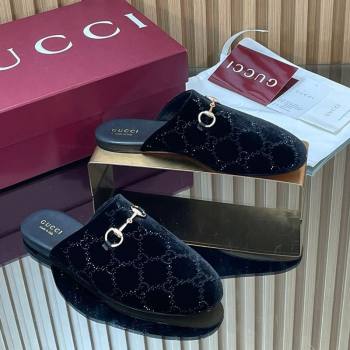 Gucci Strass GG Velvet Flat Mules with Horsebit Black 2025 852373 (SS-251218105)