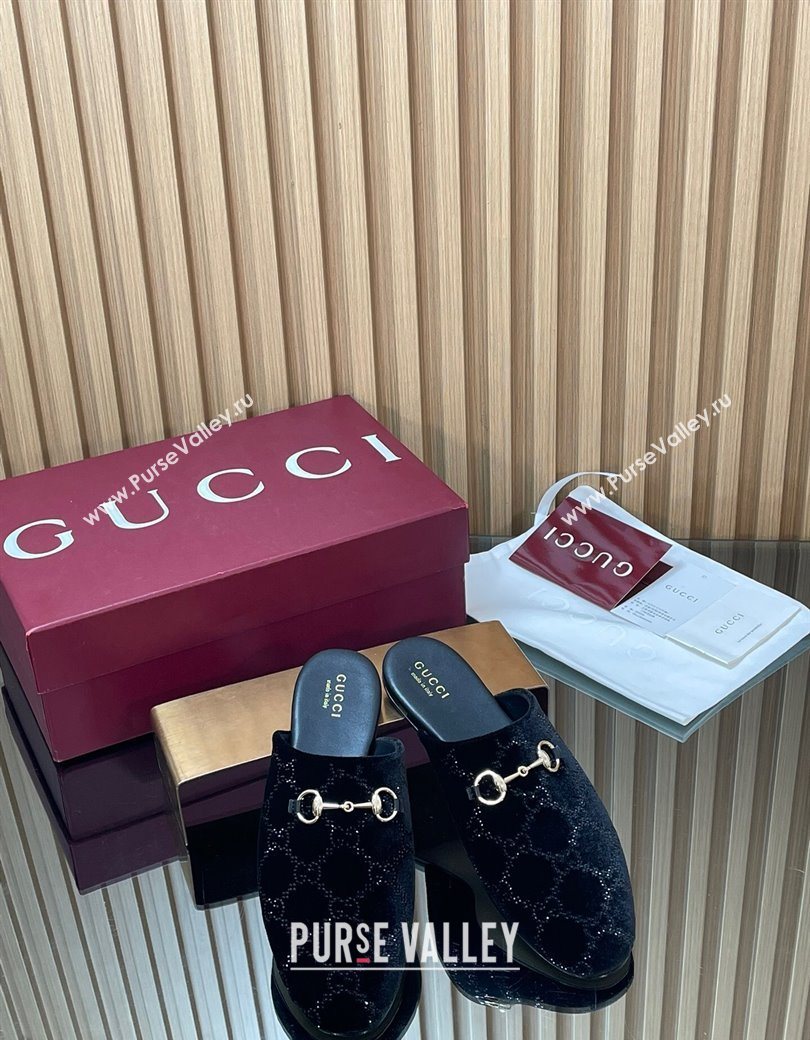Gucci Strass GG Velvet Flat Mules with Horsebit Black 2025 852373 (SS-251218105)