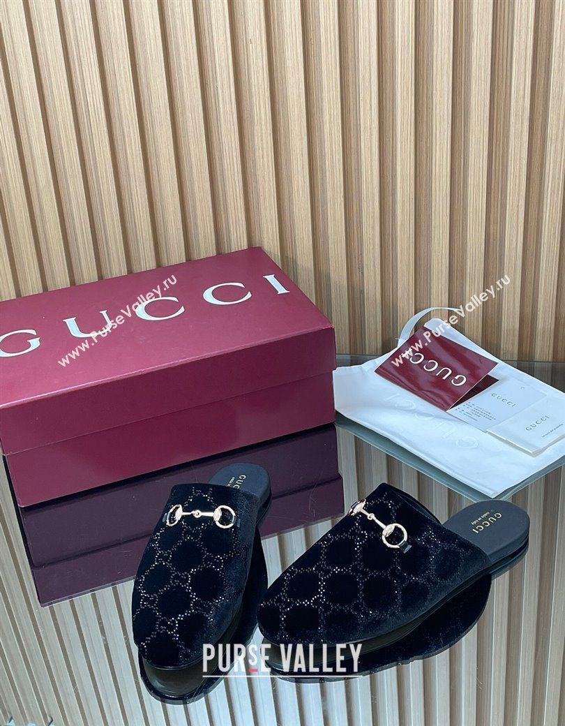 Gucci Strass GG Velvet Flat Mules with Horsebit Black 2025 852373 (SS-251218105)