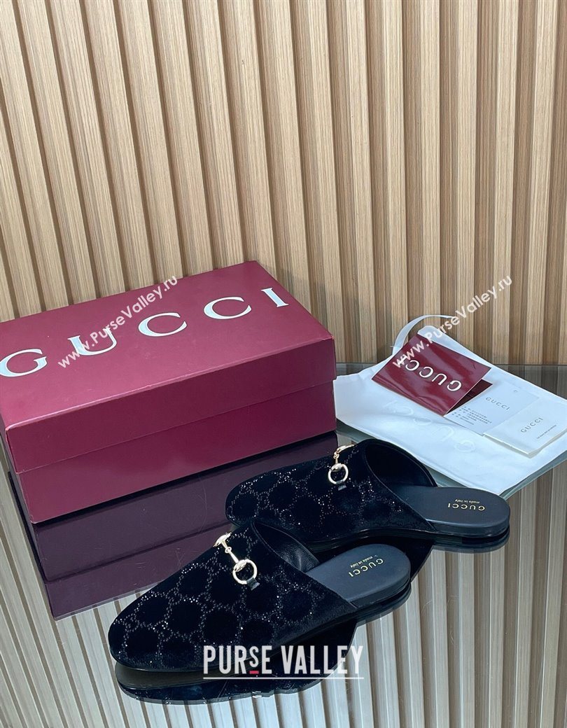 Gucci Strass GG Velvet Flat Mules with Horsebit Black 2025 852373 (SS-251218105)