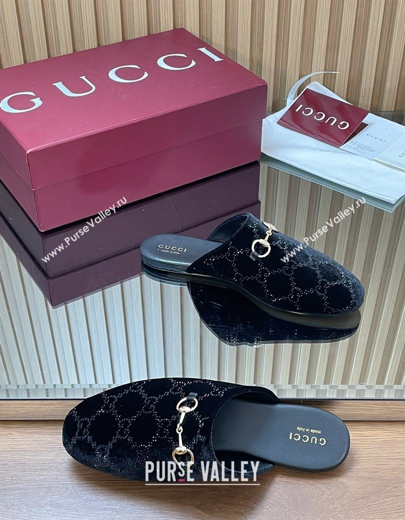 Gucci Strass GG Velvet Flat Mules with Horsebit Black 2025 852373 (SS-251218105)