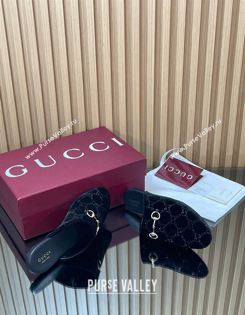 Gucci Strass GG Velvet Flat Mules with Horsebit Black 2025 852373 (SS-251218105)